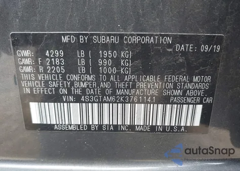 2019 Subaru Impreza 2.0I Sport из США, поврежденный, VIN 4S3GTAM62K3761141